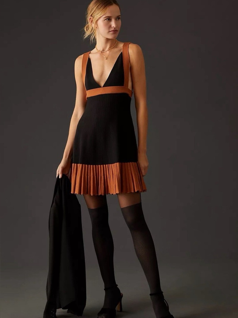 NWOT Anthropologie Black and Burnt Orange Plunging V-Neck Pleated Hem Dress
